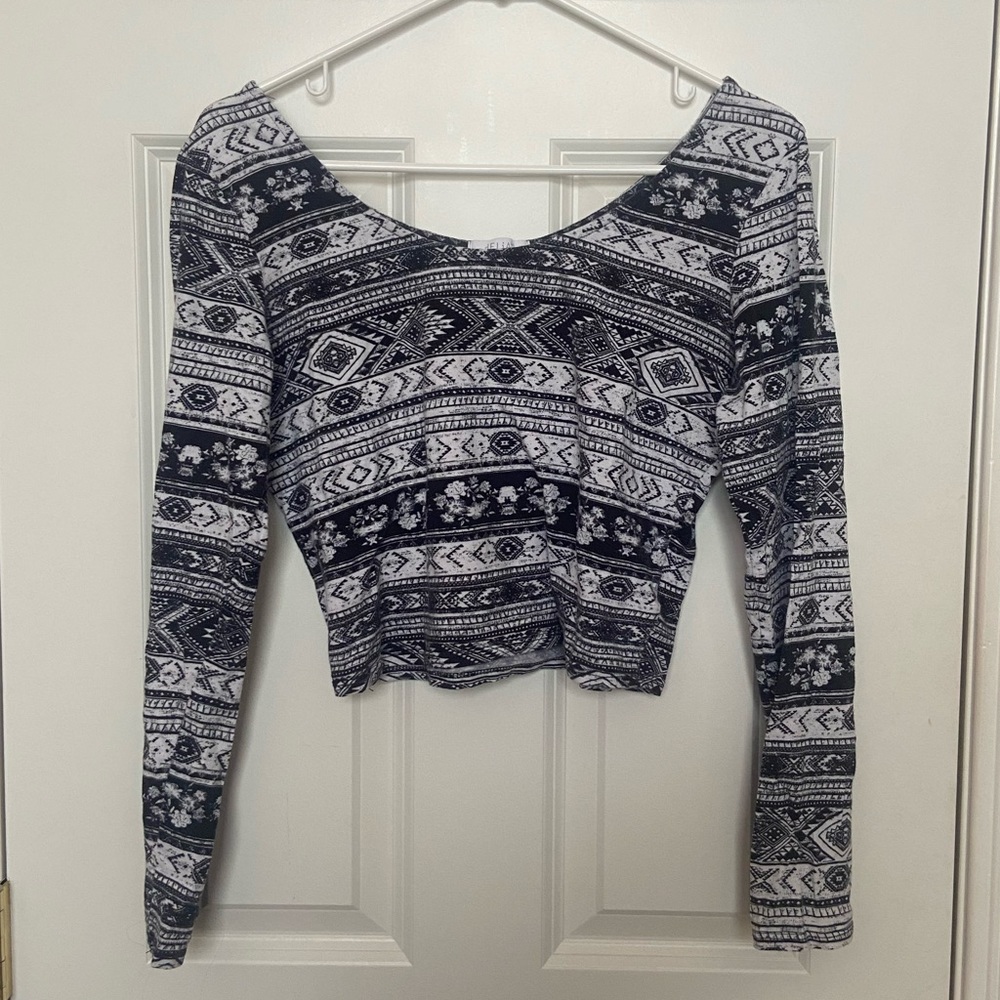 Aztec print long sleeve crop top